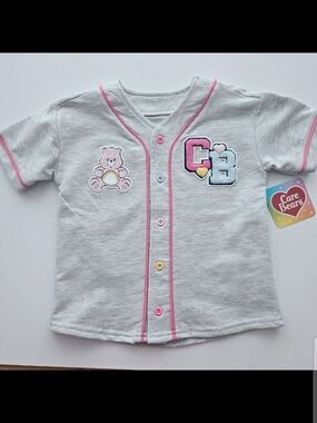Care Bears Gray & Pink Button-Front Kids Baseball Tee